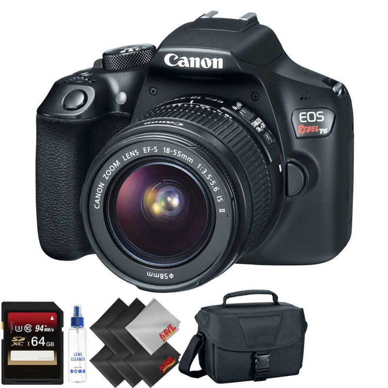 Canon EOS Rebel T6 DSLR Camera with 18-55mm Lens + 64GB Memory Card + 2 Year Accidental Warranty Bundle (International Model)
