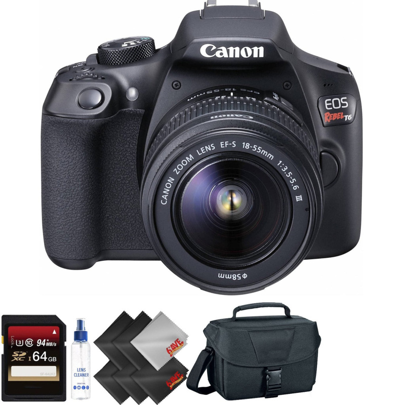 Canon EOS Rebel T6 DSLR Camera with 18-55mm and 75-300mm Lenses Kit + 64GB Memory Card + 1 Year Warranty Bundle (International Model)