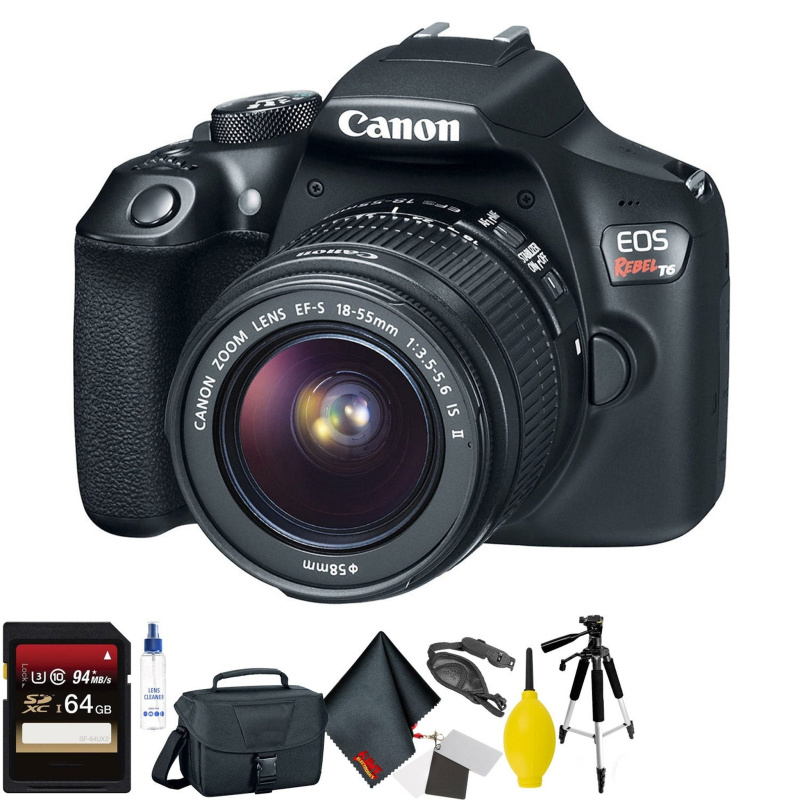Canon EOS Rebel T6 DSLR Camera with 18-55mm Lens + 64GB Memory Card + Mega Accessory Kit + 1 Year Warranty Bundle (International Model)