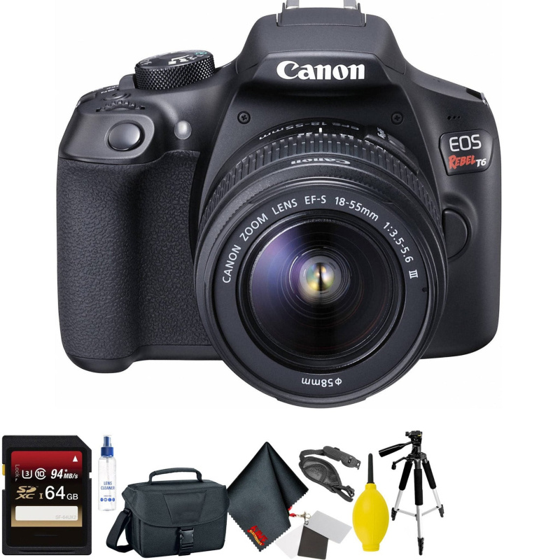 Canon EOS Rebel T6 DSLR Camera with 18-55mm and 75-300mm Lenses Kit + 64GB Memory Card + Mega Accessory Kit + 2 Year Accidental Warranty Bundle (Inter