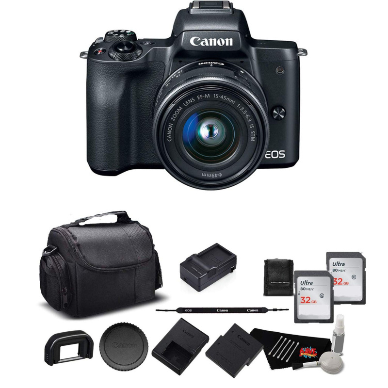 Canon EOS M50 Mirrorless Digital Camera with 15-45mm Lens and 4K Video 2680C011 Bundle w/Memory Cards, Spare Battery + M (International Model)