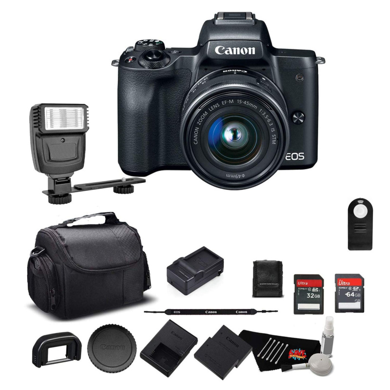 Canon EOS M50 Mirrorless Digital Camera with 15-45mm Lens and 4K Video 2680C011 Bundle w/Memory Cards, Digital Slave Fla (International Model)