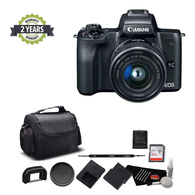 Canon EOS M50 Mirrorless Digital Camera with 15-45mm Lens and 4K Video 2680C011 Bundle with 32GB Memory Card + Spare Bat (International Model)
