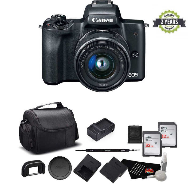 Canon EOS M50 Mirrorless Digital Camera with 15-45mm Lens and 4K Video 2680C011 Bundle - International Model w/ 2 Year S