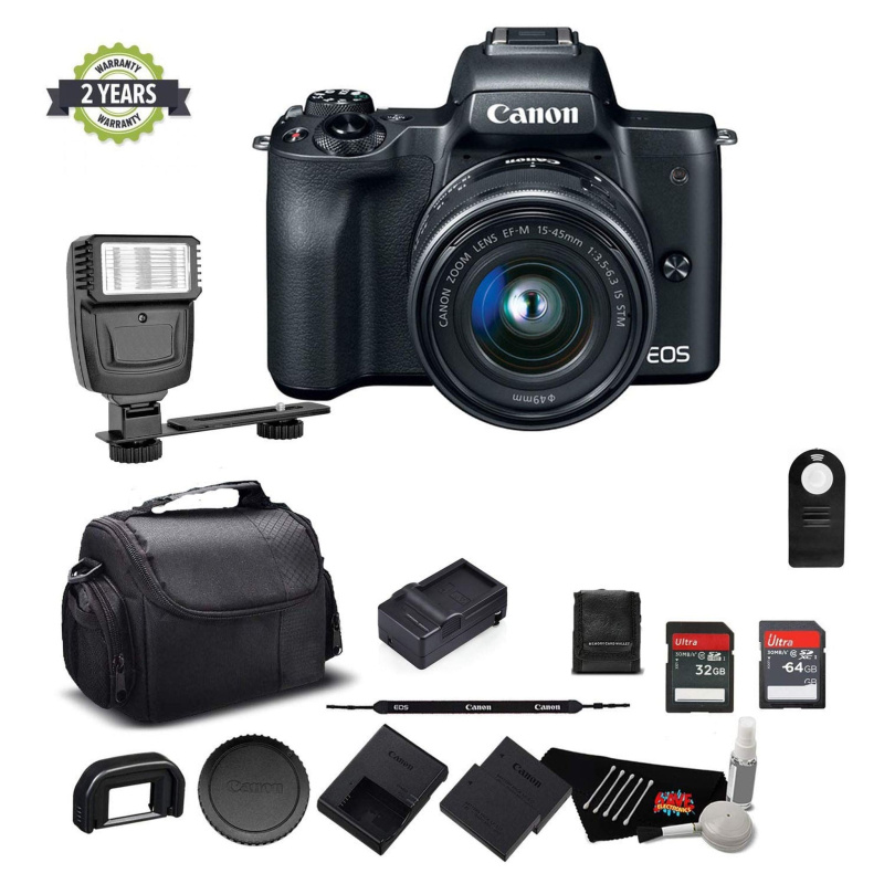 Canon EOS M50 Mirrorless Digital Camera with 15-45mm Lens and 4K Video 2680C011 Bundle w/Memory Cards, Digital Slave Fla (International Model)