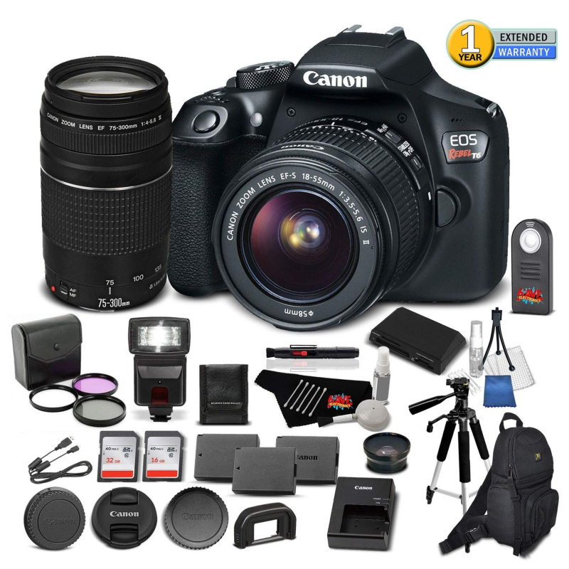 Canon EOS Rebel T6 Digital SLR Camera 1159C003 Bundle with 18-55mm f/3.5-5.6 is II Lens + EF 75-300mm f/4-5.6 III Pro Bundle (International Model)