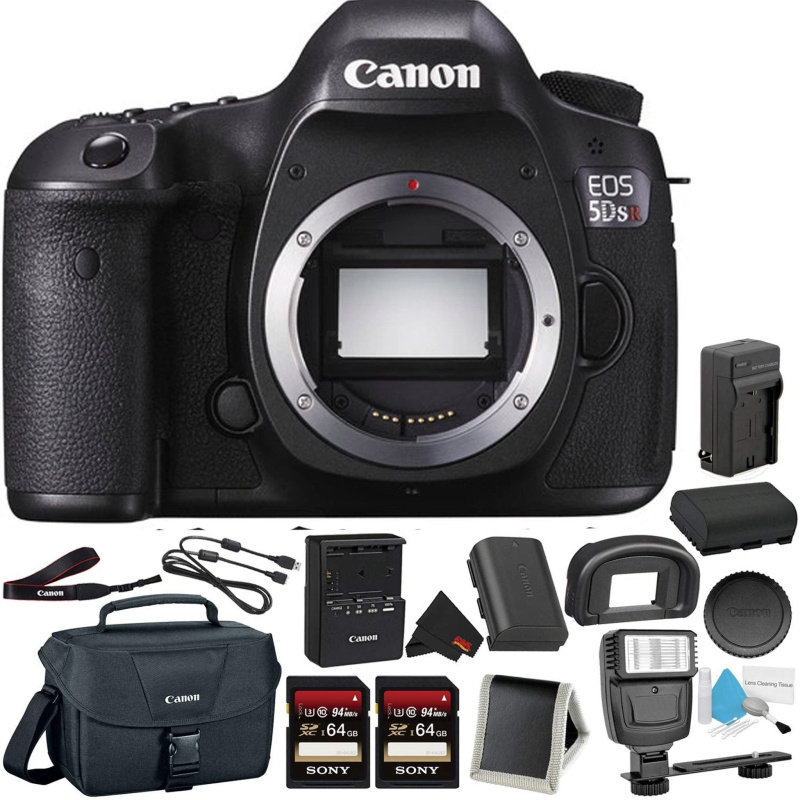 Canon EOS 5DS R Digital SLR Camera (Body Only)- Bundle with 2X 64GB Memory Cards + Spare Battery + Digital Slave Flash + (International Model)
