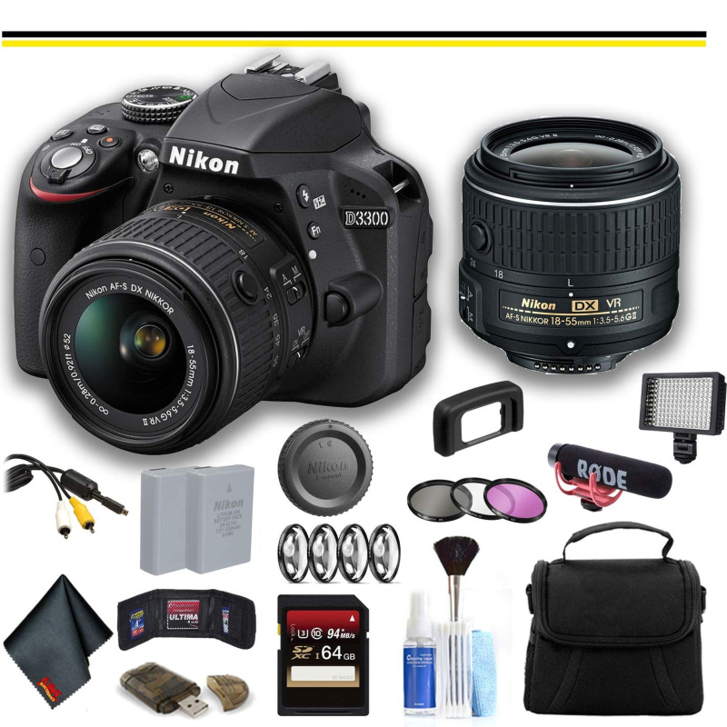 Nikon D3300 DSLR Camera with 18-55mm Lens (1532) Advanced Bundle W/Bag, Extra Battery, LED Light, Mic, Filters and More