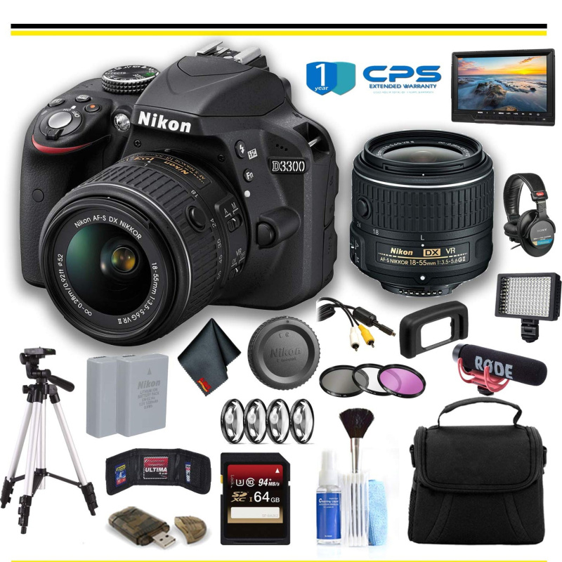 Nikon D3300 DSLR Camera with 18-55mm Lens (1532) Professional Bundle W/Bag, Extra Battery, LED Light, Mic, Filters, Tripod, Monitor and More