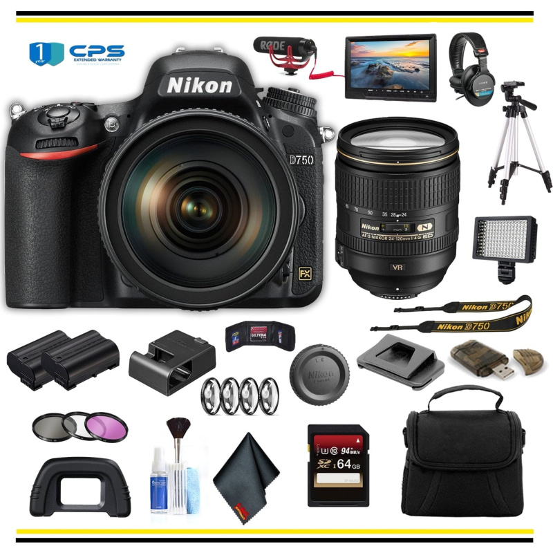 Nikon D750 DSLR Camera with 24-120mm Lens (1549 ) Professional Bundle W/ Bag, Extra Battery, LED Light, Mic, Filters, Tripod, Monitor and More- (Inter