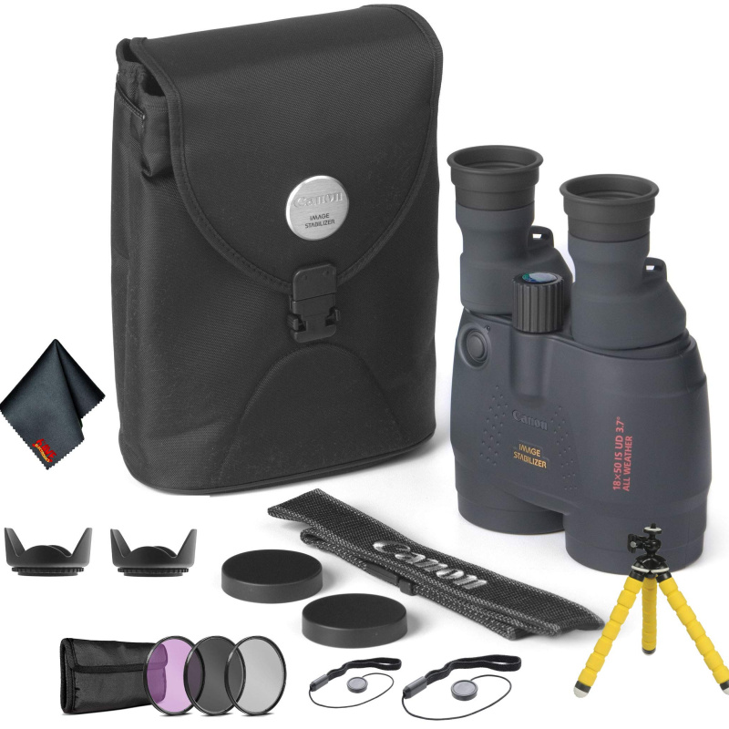 Canon 18x50 Image Stabilization All-Weather Binoculars - Bundle with Tulip Lens Hoods, Tripod + More (International Model)