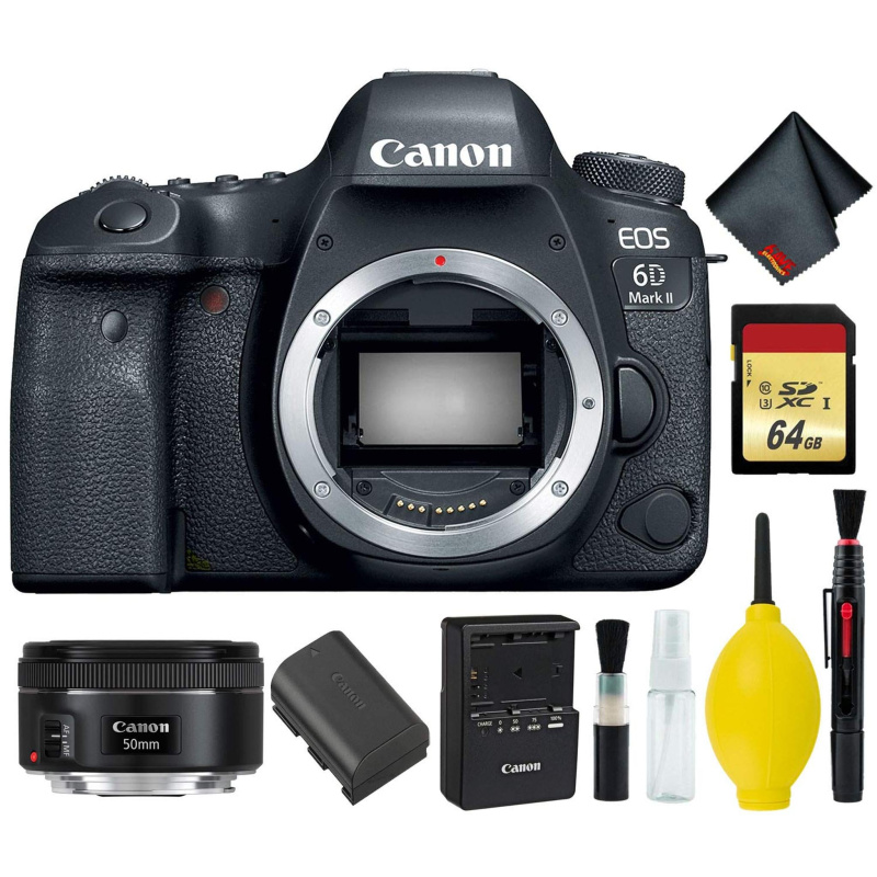 Canon EOS 6D Mark II DSLR Camera Body Only Memory Kit (International Model) w/Canon EF 50mm f/1.8 STM Lens - Internation