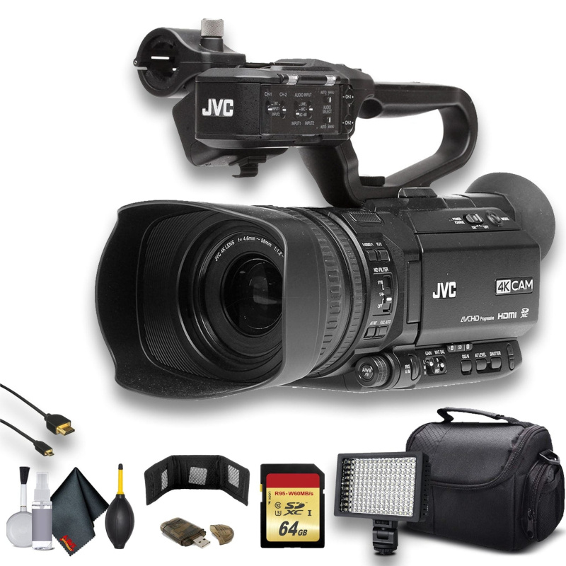 JVC GY-HM250 UHD 4K Streaming Camcorder W/ 64GB Memory Card, HDMI Cable, Case, LED Light, Cleaning Kit and More. Professional Bundle