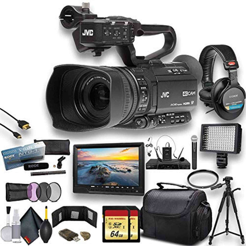 JVC GY-HM250 UHD 4K Streaming Camcorder W/ 2 X 64GB Memory Card, Tripod, Rode Mic, External Monitor, Sony Pro Headphones, Case, LED Light, and More Pr