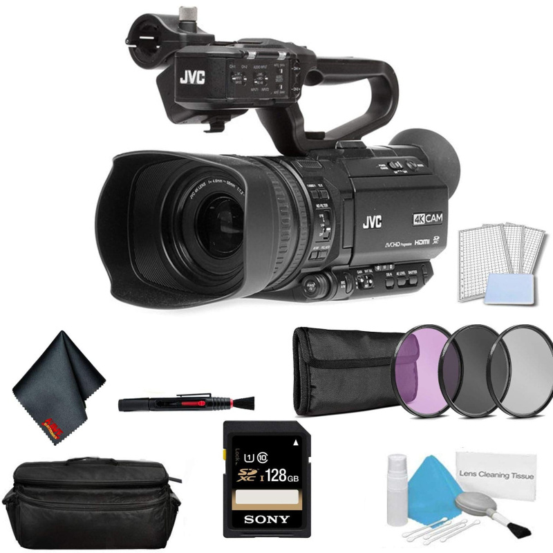 JVC GY-HM250 UHD 4K Streaming Professional Video Camcorder - Bundle with 128GB Memory Card + LCD Screen Protectors + More