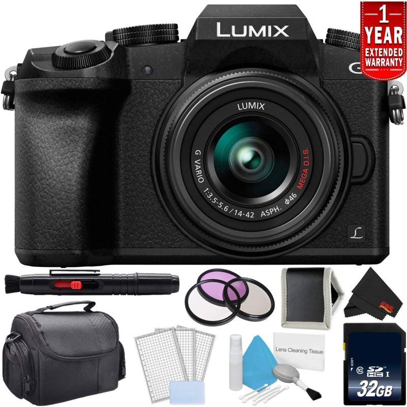 Panasonic Lumix DMC-G7 Mirrorless Digital Camera with 14-42mm Lens - Bundle with 1 Year Extended Warranty, 32GB Memory C