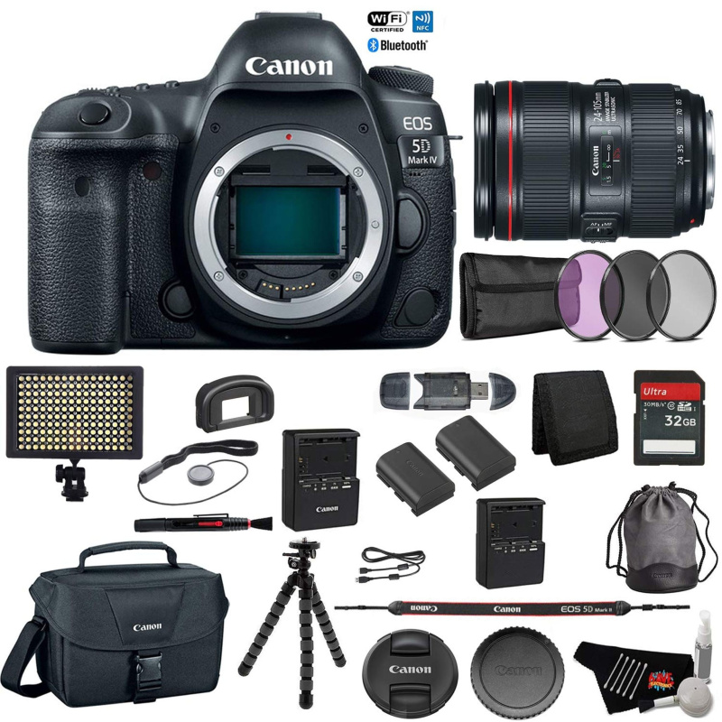 Canon EOS 5D Mark IV Digital SLR Camera with 24-105mm f/4L II Lens - Bundle with Spare Battery + Tripod + LED Light + 32 (International Model)