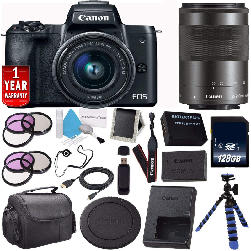 6Ave Canon EOS M50 Mirrorless Digital Camera with 15-45mm Lens (Black) (International Model) + Canon EF-M 55-200MM f/4.5