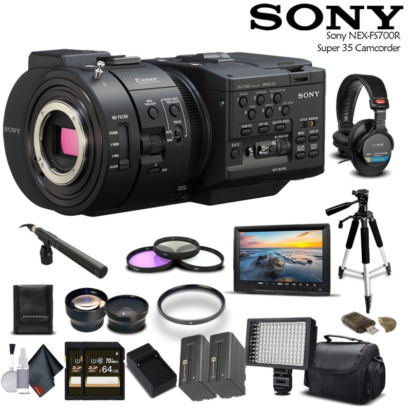Sony NEX-FS700R Super 35 Camcorder (Intl Model) With 2 -64GB Cards, 2 Extra Batteries, LED Light, Case, Tripod, Rode Mic, External Screen, and Sony He