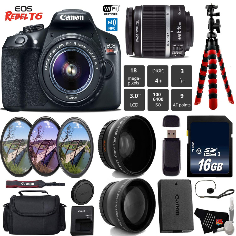 Canon EOS Rebel T6 DSLR Camera 18-55mm is II Lens + UV FLD CPL Filter Kit + Wide Angle & Telephoto Lens + Camera Case Base Bundle (International Model
