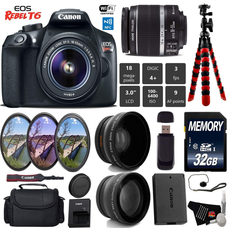 Canon EOS Rebel T6 DSLR Camera with 18-55mm is II Lens + UV FLD CPL Filter Kit + Wide Angle & Telephoto Lens + Camera Ca (International Model)