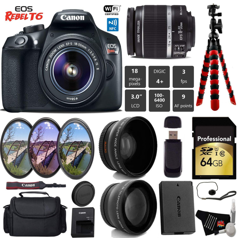 Canon EOS Rebel T6 DSLR Camera 18-55mm is II Lens + UV FLD CPL Filter Kit + Wide Angle & Telephoto Lens + Camera Case Pro Bundle (International Model)