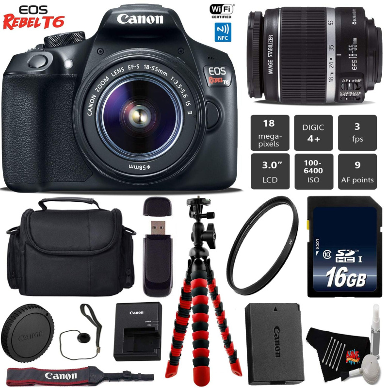 Canon EOS Rebel T6 DSLR Camera 18-55mm is II Lens + Flexible Tripod + UV Protection Filter + Professional Case  Base Bundle (International Model)