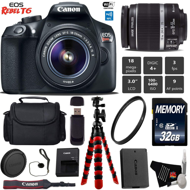 Canon EOS Rebel T6 DSLR Camera 18-55mm is II Lens + Flexible Tripod + UV Protection Filter + Professional Case Starter Bundle (International Model)