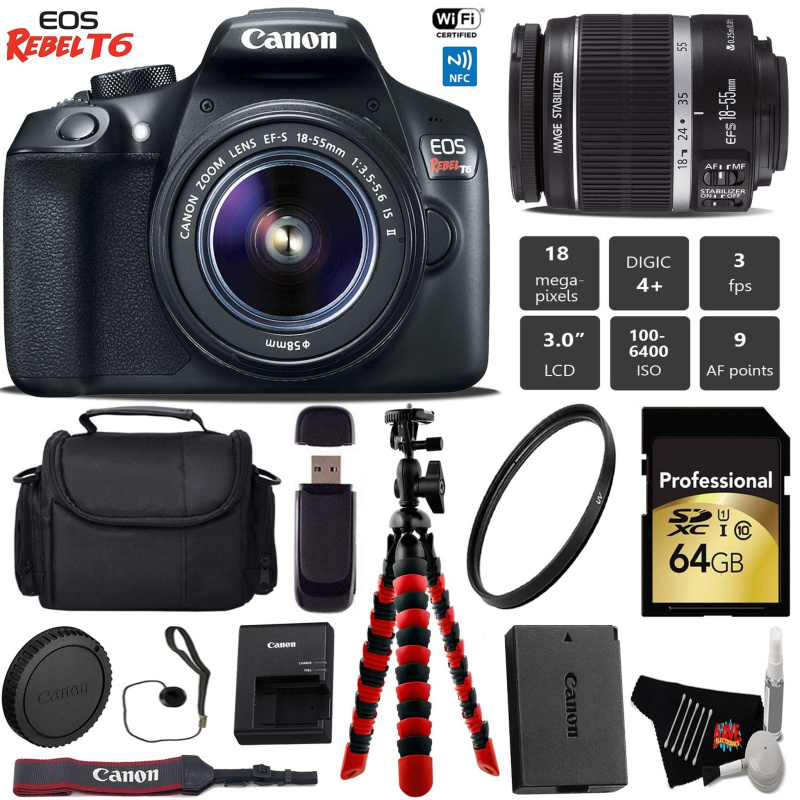 Canon EOS Rebel T6 DSLR Camera with 18-55mm is II Lens + Flexible Tripod + UV Protection Filter + Professional Case + Ca (International Model)