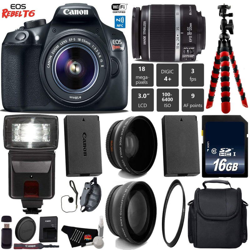 Canon EOS Rebel T6 DSLR Camera 18-55mm is II Lens + Flash + UV FLD CPL Filter Kit + Wide Angle & Telephoto Lens + Camera Base Bundle (International Mo