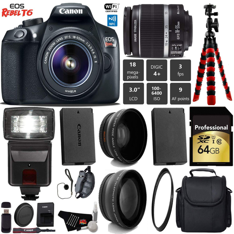 Canon EOS Rebel T6 DSLR Camera 18-55mm is II Lens + Flash + UV FLD CPL Filter Kit + Wide Angle & Telephoto Lens + Camera Pro Bundle (International Mod