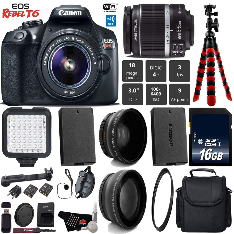 Canon EOS Rebel T6 DSLR Camera 18-55mm is II Lens + LED + UV FLD CPL Filter Kit + Wide Angle & Telephoto Lens + Camera C (International Model)
