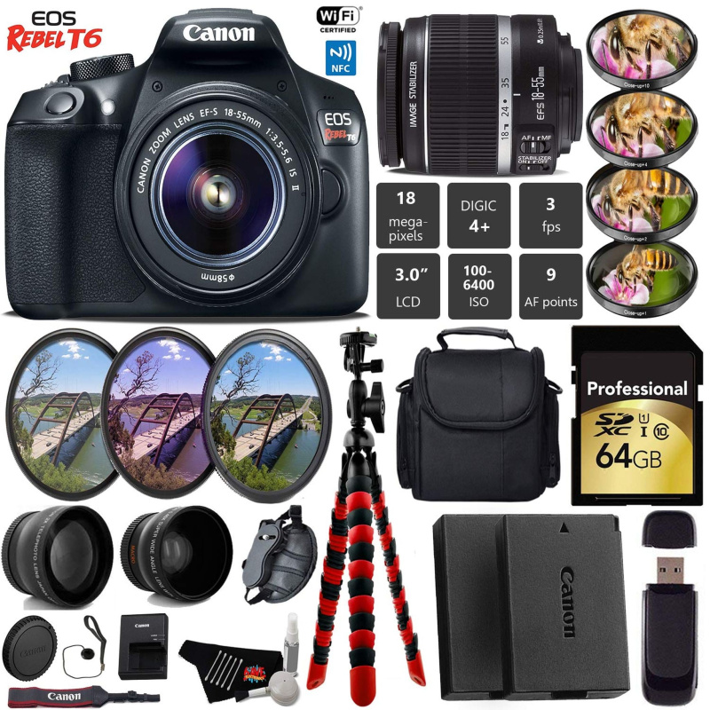 Canon EOS Rebel T6 DSLR Camera with 18-55mm is II Lens + UV FLD CPL Filter Kit + 4 PC Macro Kit + Wide Angle & Telephoto Pro Bundle (International Mod
