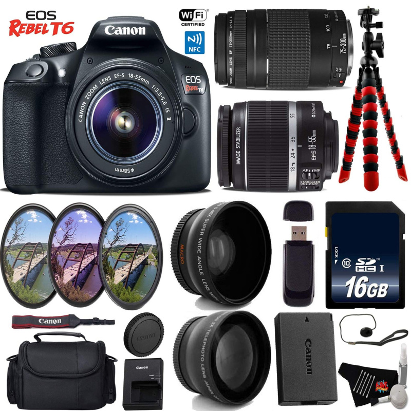 Canon EOS Rebel T6 DSLR Camera 18-55mm is II Lens & 75-300mm III Lens + UV FLD CPL Filter Kit + Wide Angle & Telephoto L (International Model)
