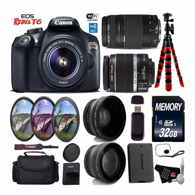 Canon EOS Rebel T6 DSLR Camera with 18-55mm is II Lens & 75-300mm III Lens + UV FLD CPL Filter Kit Starter Bundle (International Model)