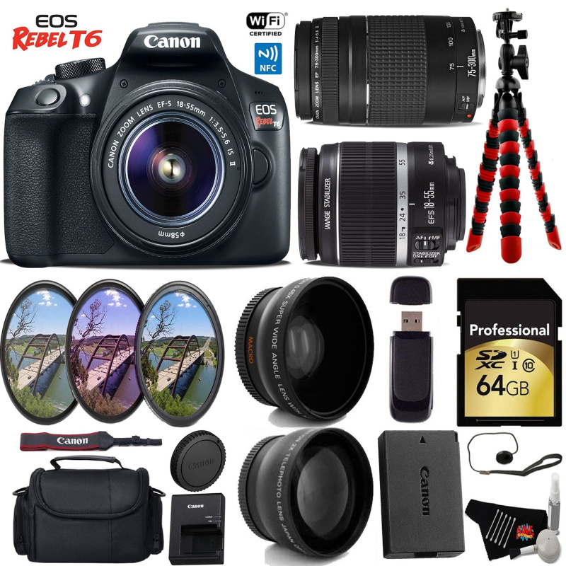 Canon EOS Rebel T6 DSLR Camera with 18-55mm is II Lens & 75-300mm III Lens + UV FLD CPL Filter Kit Pro Bundle (International Model)