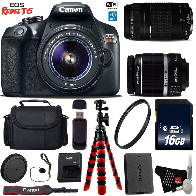 Canon EOS Rebel T6 DSLR Camera with 18-55mm is II Lens & 75-300mm III Lens + Flexible Tripod + UV Protection Filter Base Bundle (International Model)
