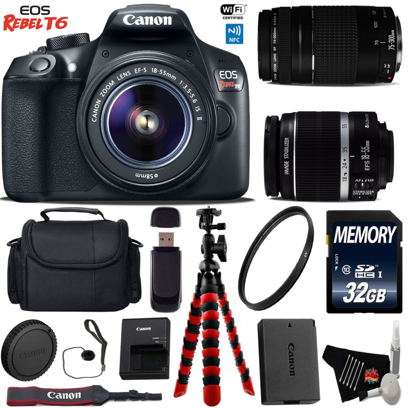 Canon EOS Rebel T6 DSLR Camera with 18-55mm is II Lens & 75-300mm III Lens + Flexible Tripod + UV Protection Filter Starter Bundle (International Mode