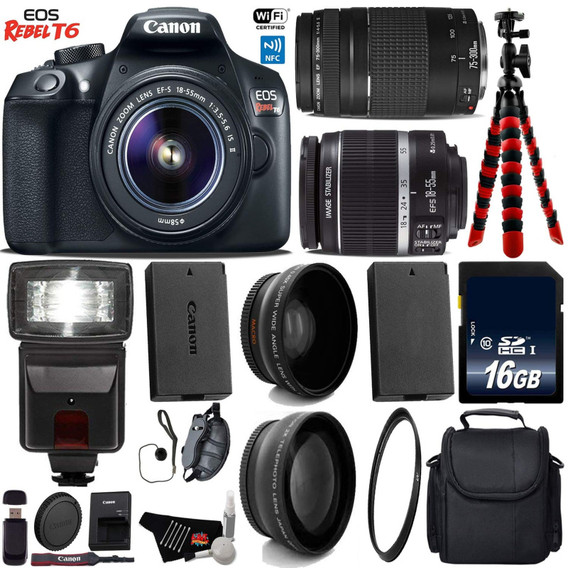 Canon EOS Rebel T6 DSLR Camera with 18-55mm is II Lens & 75-300mm III Lens + Flash + UV FLD CPL Filter Kit + Wide Angle (International Model)