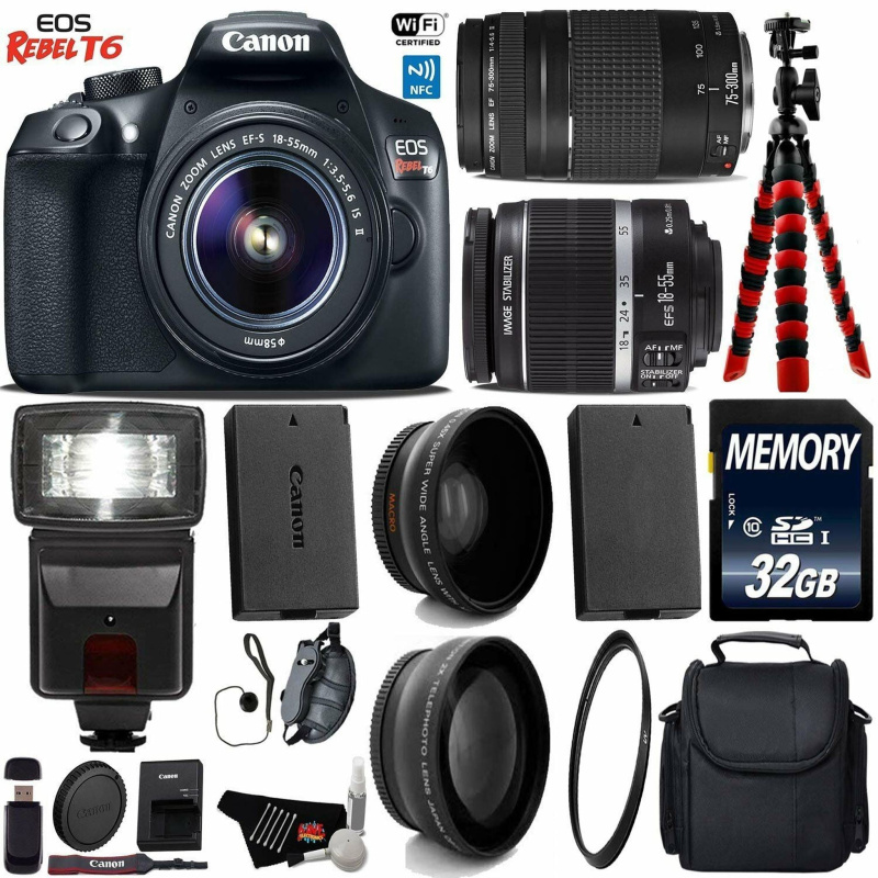 Canon EOS Rebel T6 DSLR Camera 18-55mm is II Lens & 75-300mm III Lens + Flash + UV FLD CPL Filter Kit Starter Bundle (International Model)