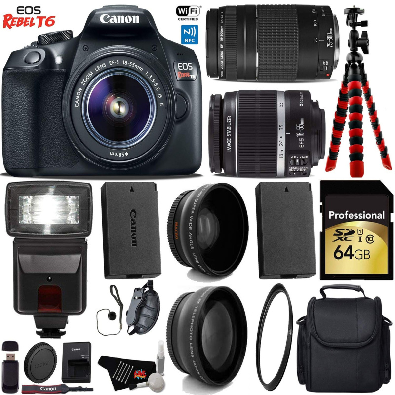 Canon EOS Rebel T6 DSLR Camera 18-55mm is II Lens & 75-300mm III Lens + Flash + UV FLD CPL Filter Kit Pro Bundle (International Model)