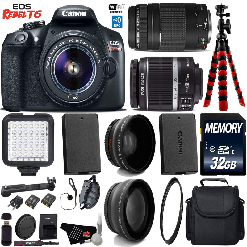 Canon EOS Rebel T6 DSLR Camera 18-55mm is II Lens & 75-300mm III Lens + LED + UV FLD CPL Filter Kit Starter Bundle (International Model)