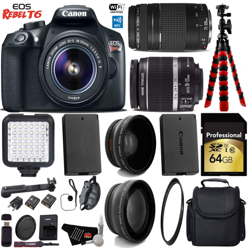 Canon EOS Rebel T6 DSLR Camera 18-55mm is II Lens & 75-300mm III Lens + LED + UV FLD CPL Filter Kit Pro Bundle (International Model)