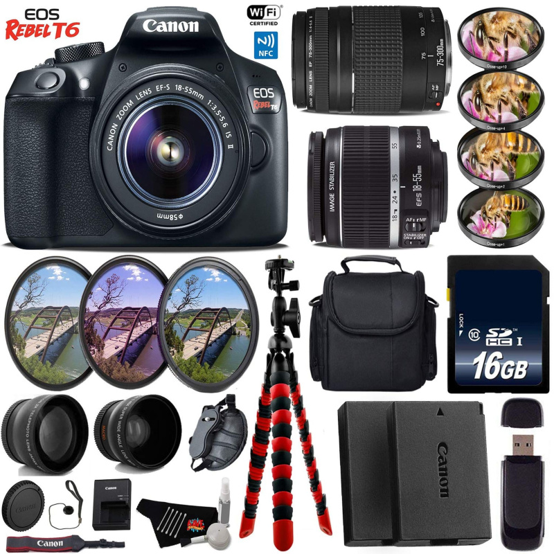 Canon EOS Rebel T6 DSLR Camera with 18-55mm is II Lens & 75-300mm III Lens + UV FLD CPL Filter Kit + 4 PC Macro Kit Base Bundle (International Model)
