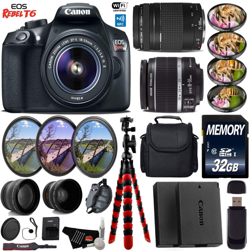 Canon EOS Rebel T6 DSLR Camera 18-55mm is II Lens & 75-300mm III Lens + UV FLD CPL Filter Kit + 4 PC Macro Kit + Wide An (International Model)