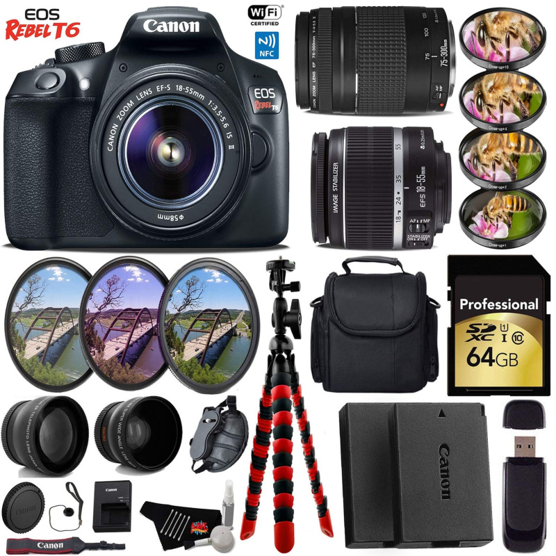 Canon EOS Rebel T6 DSLR Camera with 18-55mm is II Lens & 75-300mm III Lens + UV FLD CPL Filter Kit + 4 PC Macro Kit Pro Bundle (International Model)