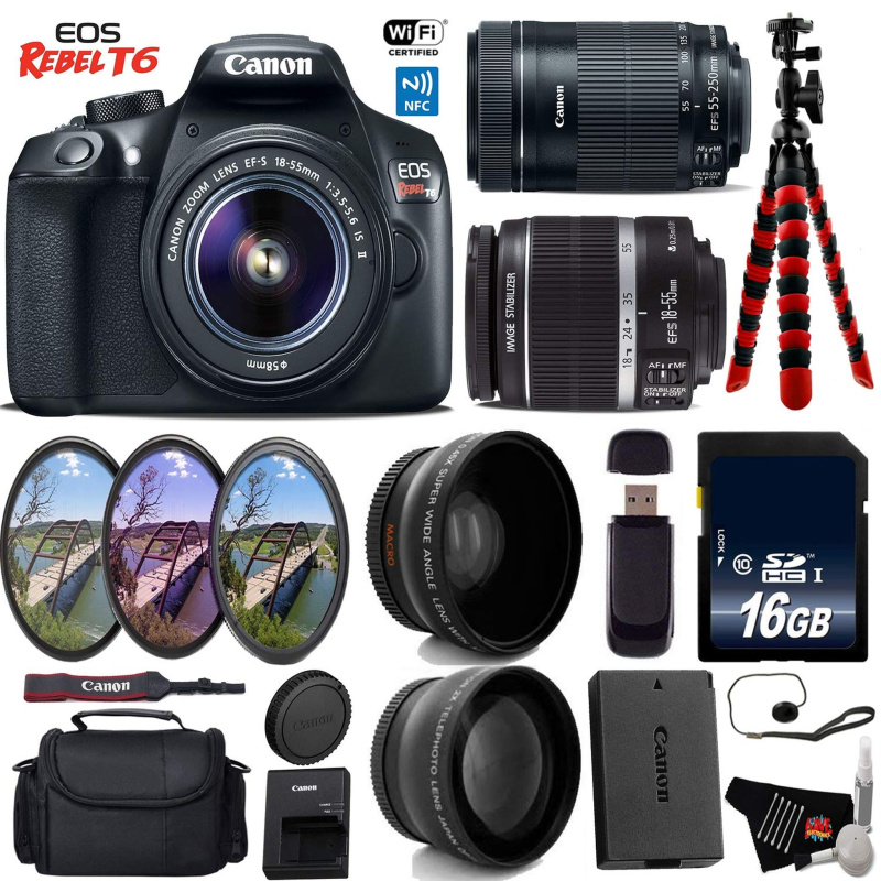 Canon EOS Rebel T6 DSLR Camera with 18-55mm is Lens & 55-250mm is STM Lens + UV FLD CPL Filter Kit Base Bundle (International Model)