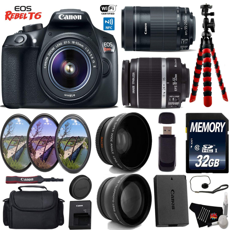 Canon EOS Rebel T6 DSLR Camera with 18-55mm is Lens & 55-250mm is STM Lens + UV FLD CPL Filter Kit Starter Bundle (International Model)