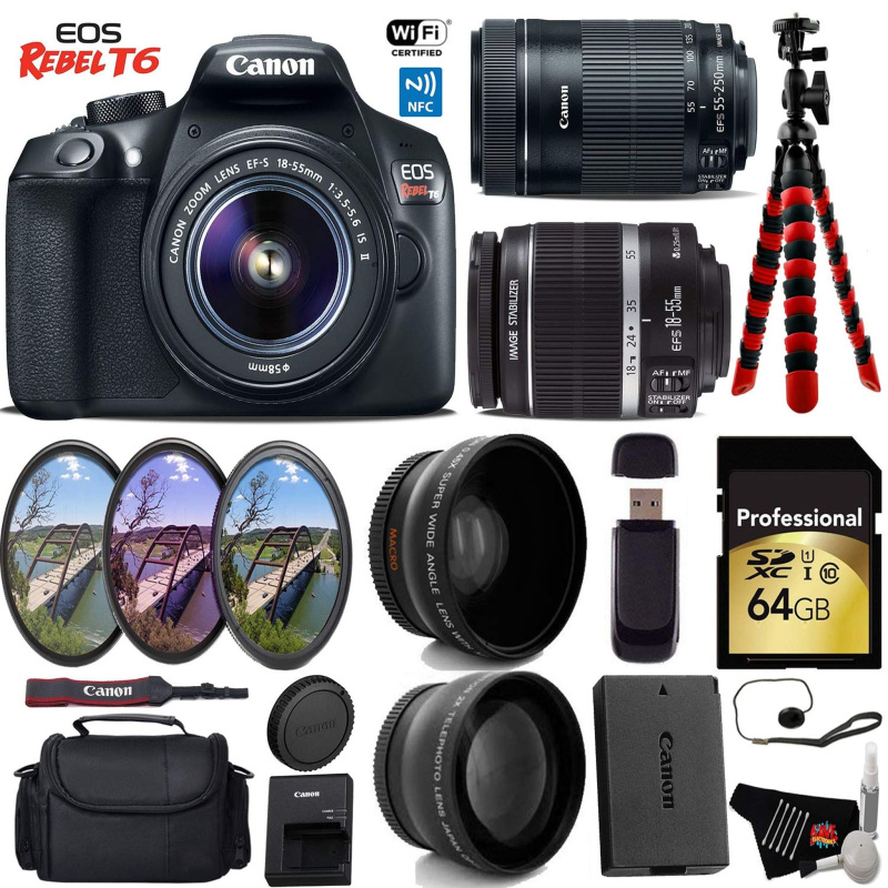 Canon EOS Rebel T6 DSLR Camera 18-55mm is Lens & 55-250mm is STM Lens + UV FLD CPL Filter Kit + Wide Angle & Telephoto L (International Model)