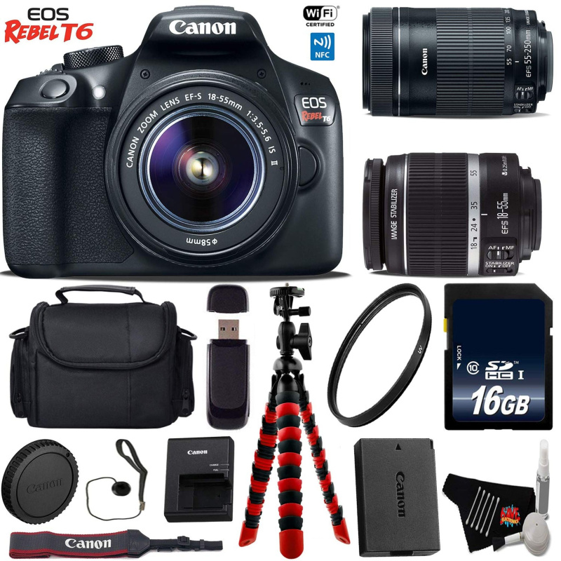 Canon EOS Rebel T6 DSLR Camera with 18-55mm is Lens & 55-250mm is STM Lens + Flexible Tripod + UV Protection Filter Base Bundle (International Model)